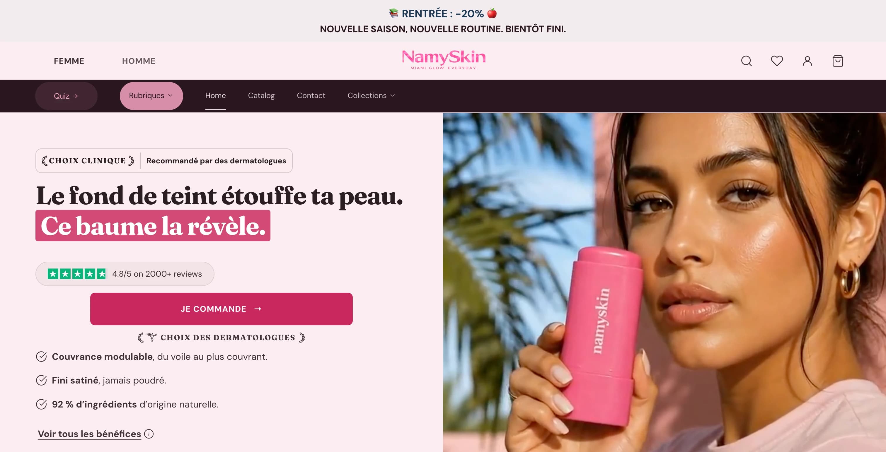 Namyskin : aperçu réel du thème Namy, avec son hero et son identité rose